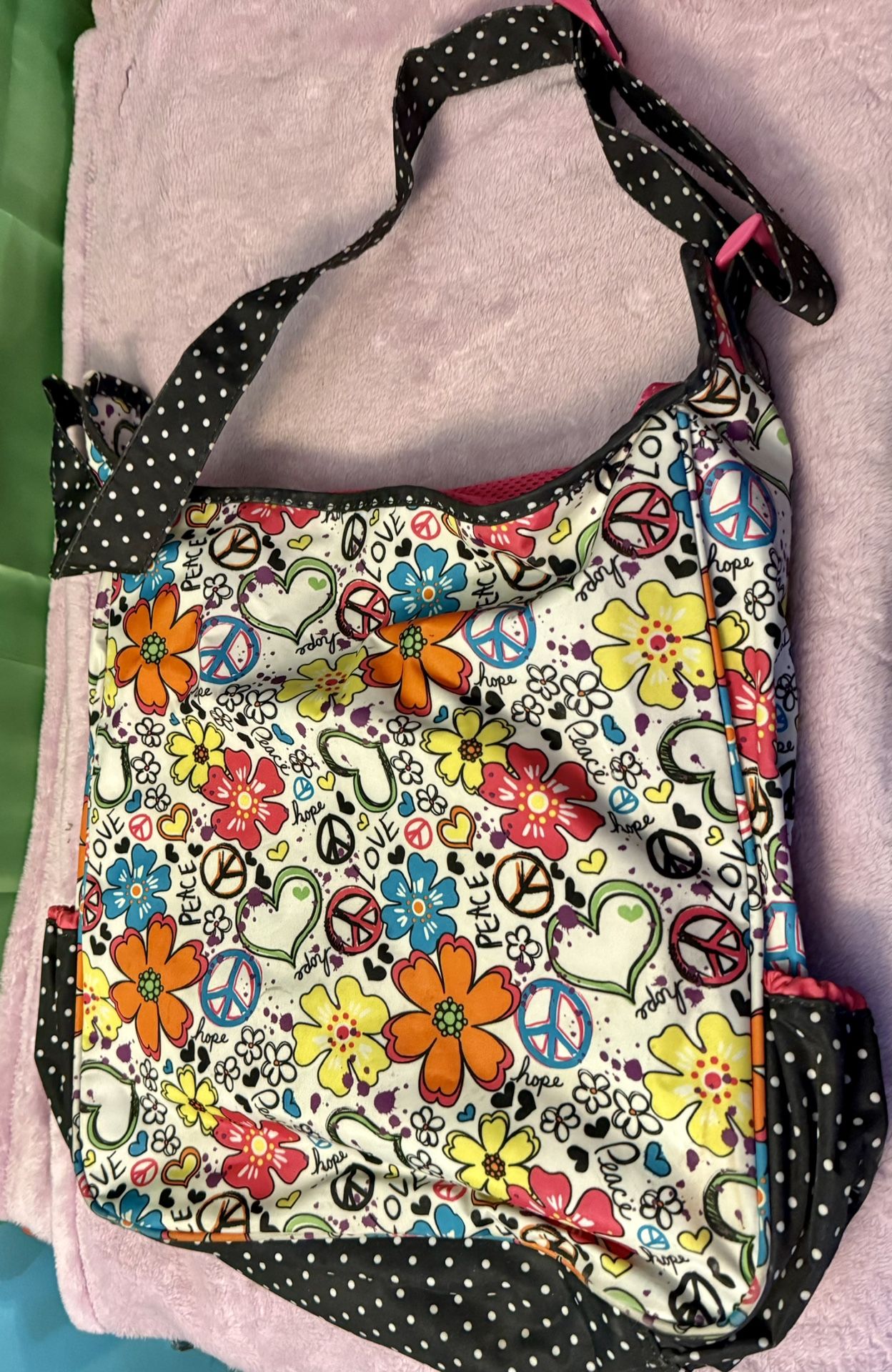 Justice Girls' Messenger / Tote / Beach Bag ~ Peace Love Flowers & Hearts