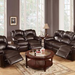 Brown Faux Leather Sofa Set With Recliner 