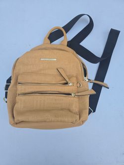 Steve Madden Tan Mini Backpack Purse Embossed Logo Multi Pocket Bag