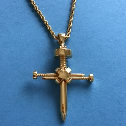 Cross Nailhead Design Pendant with Rope Chain- Gold On Stainless Steel *Pickup Boca Raton 
