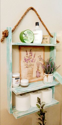 🌱3 Tier Solid Wood Manila Rope Hanging Shelf ::: Distressed Turquoise/White