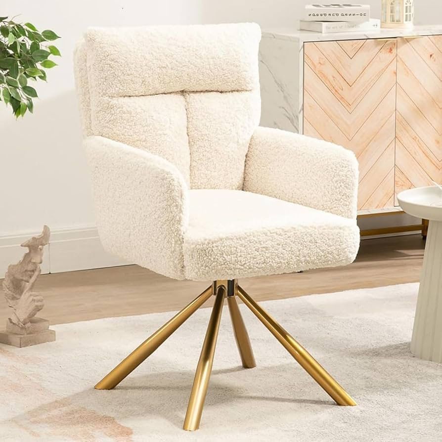 Desk Chair No Wheels 180°Swivel,Makeup Vanity Chair with Gold Legs,Ergonomic Criss Cross Chairs for Bedroom,Living Room,Home Office - Beige