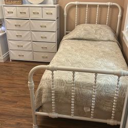 Twin Size Bed frame,Mattress, Comforter, Dresser White Gold