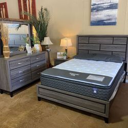 4 Piece Queen Bedroom Set: Queen Bed Frame, Nightstand, Dresser, Mirror