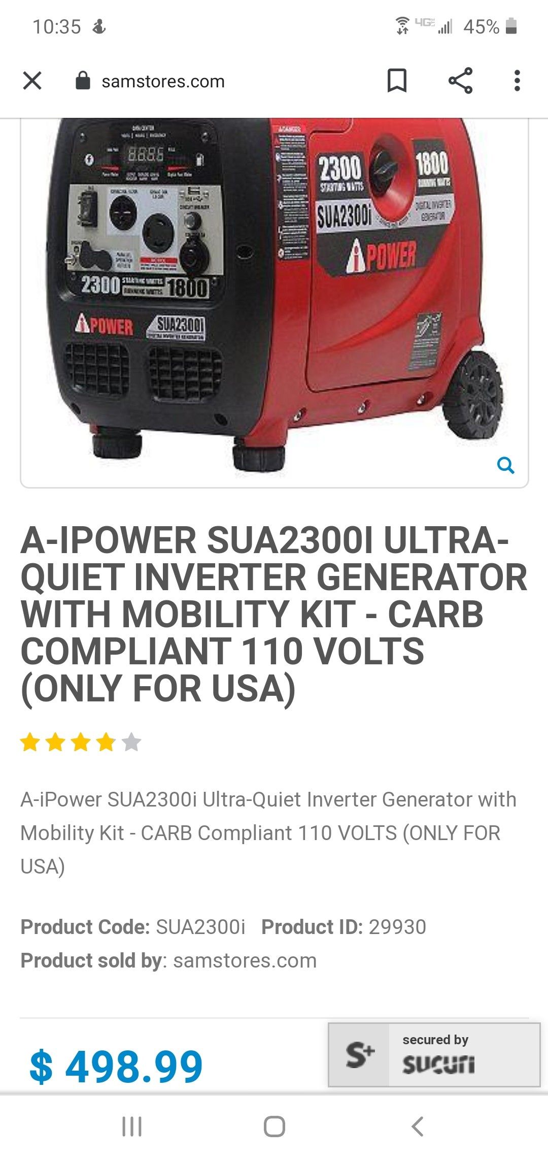 AiPower SUA2300i A 2300Watt Inverter Generator with Mobility Kit
