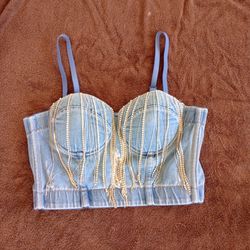N1 Los Angeles distressed denim corset with rhinestones fringe size L
