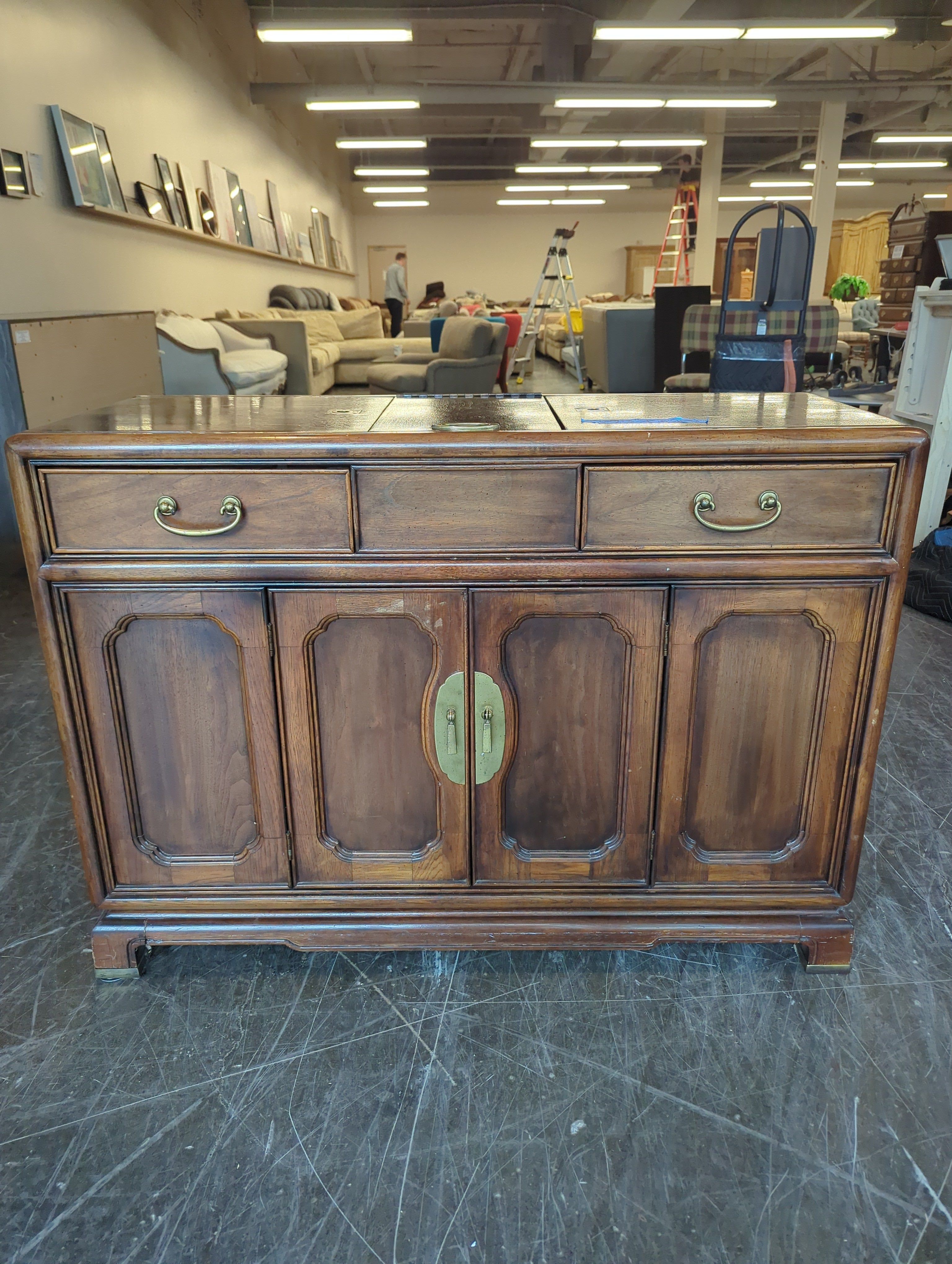 American of Martinsville Side Board Fold Down - Dark Wood Sideboard with Brass Hardware