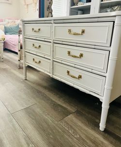 White Faux Bamboo 6-Drawer Dresser with Brass Hardware