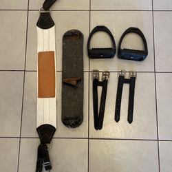 English Horse Used Tack Lot:  composite Stirrups, Wool Girth Pad, 2 Girth Extenders & Girth