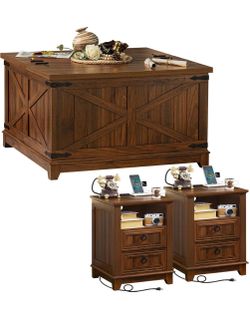 Coffee Table Set of 3, Furniture Set with Charging Station, Coffee Table with Hidden Storage Organizer and Nightsand 3-piece set, Country Center Table