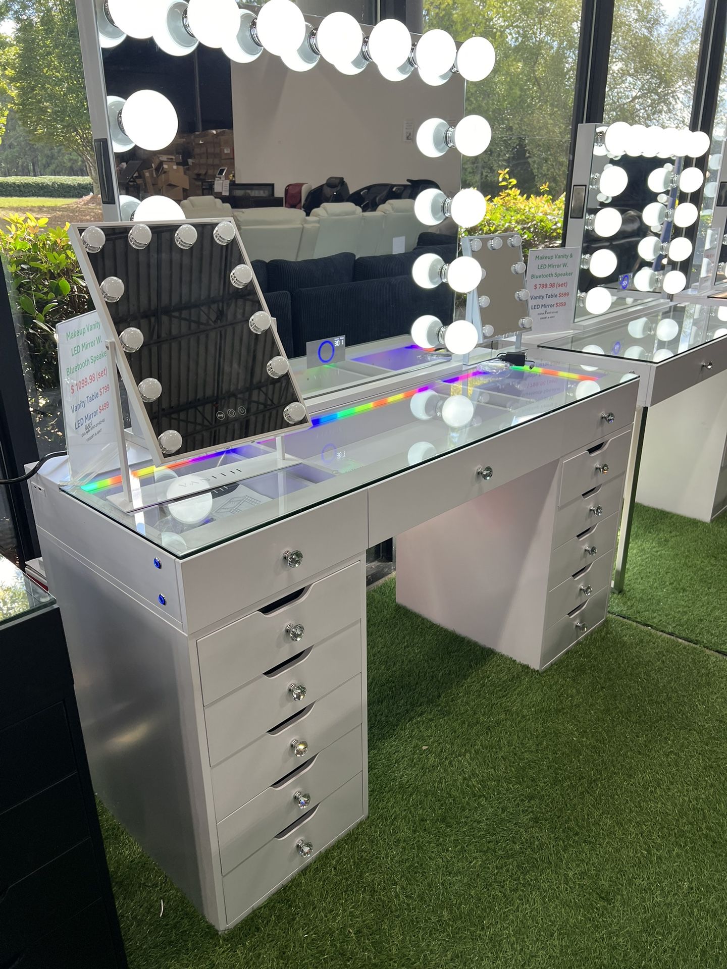 Black Makeup Vanity with 13 Drawers and LED Mirror with Bluetooth Speaker