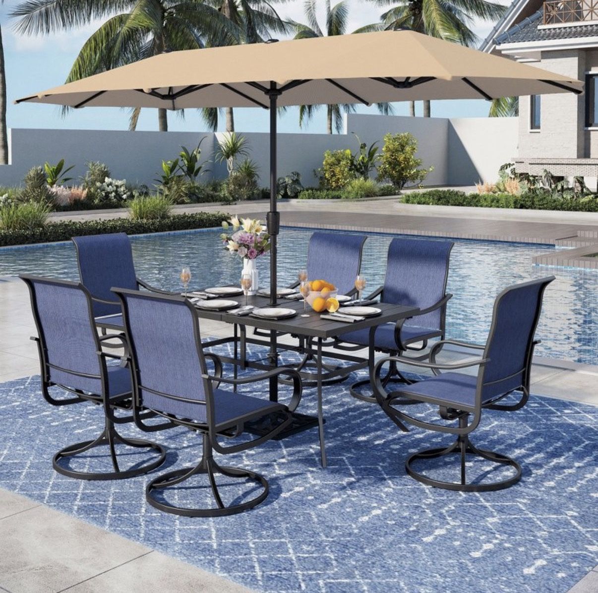 New Heavy Duty 7 Piece Patio Dining Set, Outdoor Table Chair Set with 6 Patio Swivel Chairs and 1 Metal Dining Table (1.9 Inch Umbrella Hole), Patio F