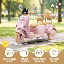 12V Kids Electric Scooter, 2-Seater Ride On Toy, Max Load 160 lbs, 3-Wheel Motorcycle with Bluetooth USB Music & Storage Box, Stable Design, Indoor Ou