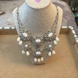 Necklace With White Large Beads, Clear Small Rhinestones And Silver Chain 