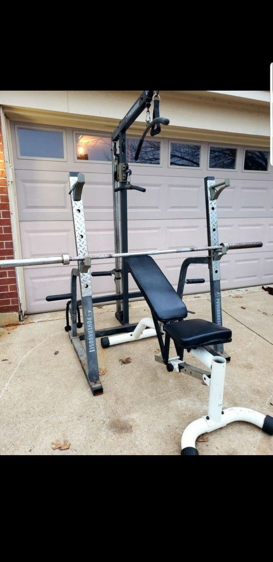 POWERHOUSE OLYMPIC WEIGHT BENCH WITH LAT PULLDOWN, ROWBAR, 45LB BAR AND