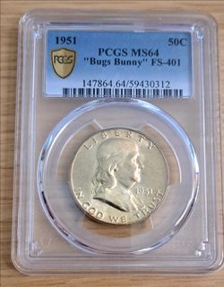 Rare 1951 Franklin Silver Half Dollar "Bugs Bunny" PCGS Certified Error Coin  MS64