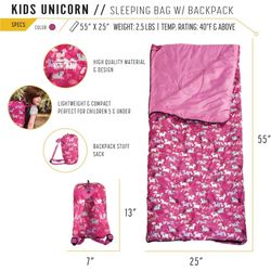 Kids 55" x 25" Unicorn 50 Degree Sleeping Bag with Backpack Stuff Sack, Pink