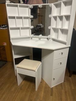 White vanity and lights