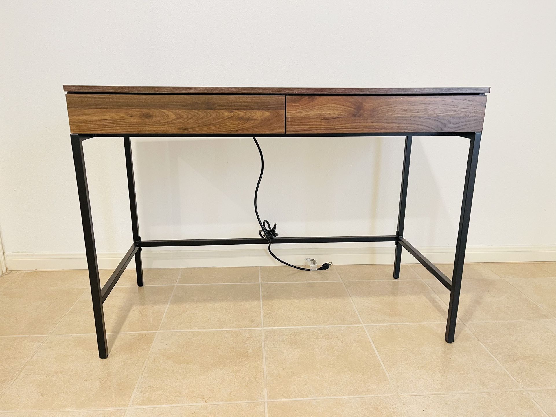 Loring Wood Writing Desk with Drawers and Charging Station Walnut