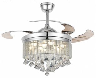 42" Modern Crystal Ceiling Fans Light with Remote Retractable Blade Ceilino Fan Chandelier LED 3 Colors 3 Speed Fandelier Lighting Indoor for Living R