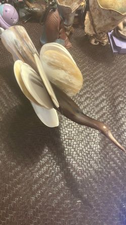 Rare Art Mid Century Modern Viking Carved Horn Bird Decor 6 Coasters Holder