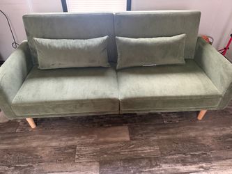 Green Corduroy Futon Sofa with Wood Legs