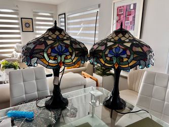 Matching Pair of Tiffany-Style Dragonfly Table Lamps