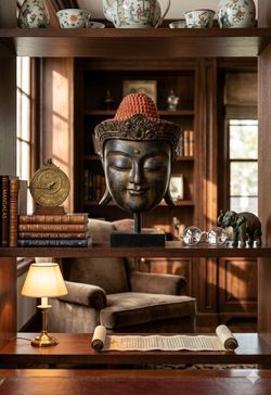 Buddha Head Statue Carved Wood Orange Art Decor Handmade indonesia New 18"H