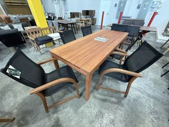 NEW OPEN BOX | 83" Solid Wood Outdoor Dining Table + 6 Black Sling Chairs | Closeout Deal