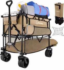 485LBS Double Decker Wagon, Beach Wagon Carts Foldable Heavy Duty Collapsible Wagon Garden Cart Grocery Cart Beach Wagon with Big Wheels for Sand Shop