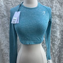 Women's Blue Gymshark Long Sleeve Crop Top size medium 