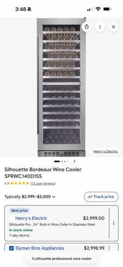 Luxury Silhouette Bordeaux Wine Cooler Model Number SPRWC140D1SS