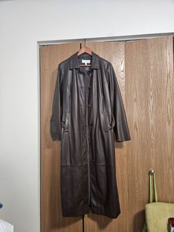 Calvin Klein Faux Leather Belted Long Coat Dark Brown M