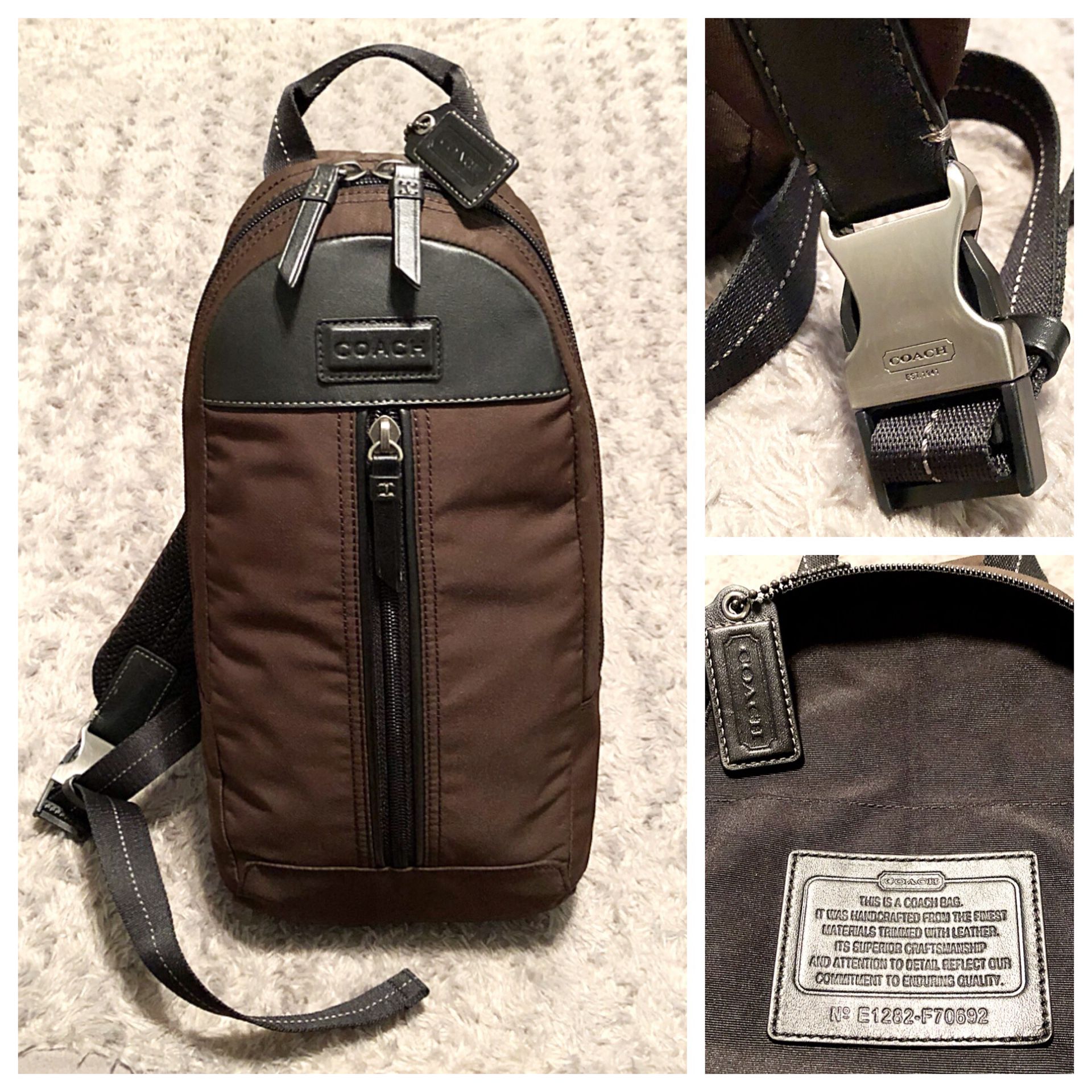 Men’s Coach crossbody paid $225 Like new! Varick nylon sling bag Style #F70692 COLOR Black and army green Pristine condition, inside and out. Nylon w