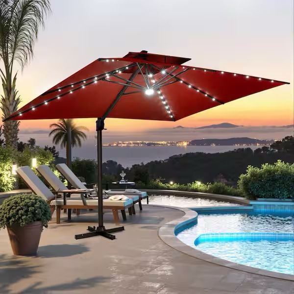 10 offset patio umbrella w solar lights green Outsunny 10ft Khaki Solar LED Cantilever Umbrella with 360 Rotation and Tilt for Outdoor Garden Yard