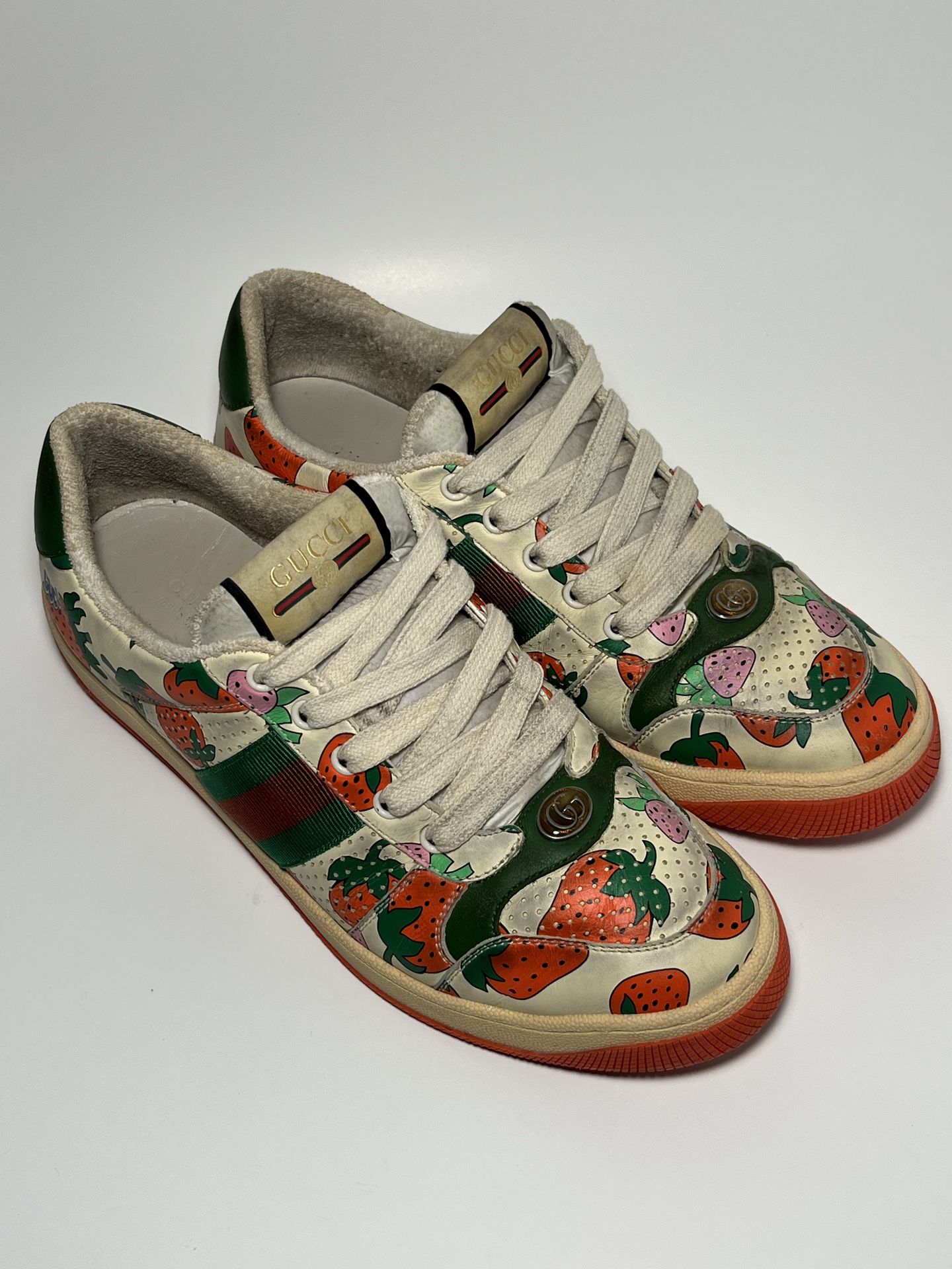 Authentic Women's Gucci Ace Strawberry Low Top Sneakers Shoes Size 41