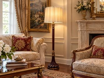 Classic Motif Mahogany Fluted Gilded Accent Column Style Floor Lamp with Pleated Shade Made in Italy
