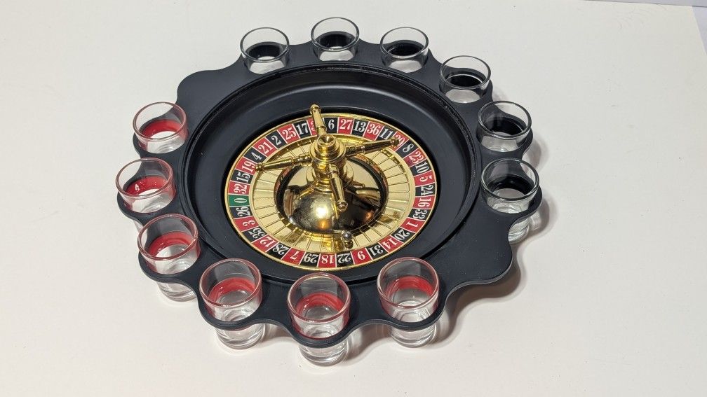 Roulette Shot Glass Drinking Game Set with 12 Glasses and Spinning Wheel