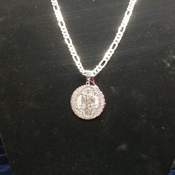 925 Silver Figaro Chain With San Benito Double Sided Pendant