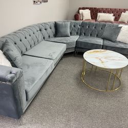 Grey Velvet Living Room Sectional - Delivery And Financing Available 