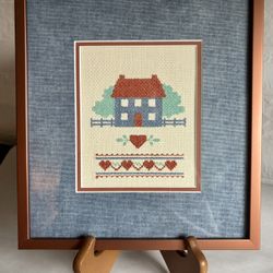 Vintage Custom Framed Folk Art Themed Cross Stitch Art Piece