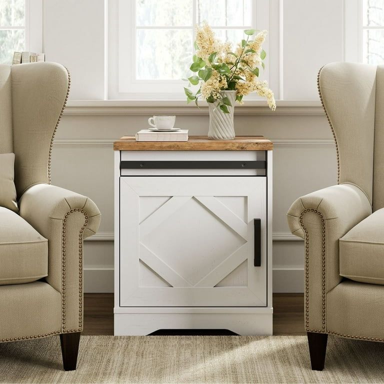  24.3"H End Table, Farmhouse Side Table with Drawer & Cabinet, Wood Bedside Table Nightstand for Living Room Bedroom, Cream White $60