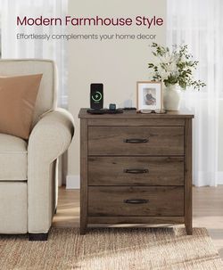 Farmhouse Nightstand with Charging Station, Bedside Table, Side End Table with 3 Drawers, for Bedroom, Taupe Brown ULET679T01