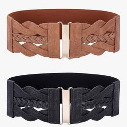 NEW! GRACE KARIN 3" wide Elastic Stretchy Belts, Set of 2, Black&Brown/Gold Buckle, Size L 32-36 waist
