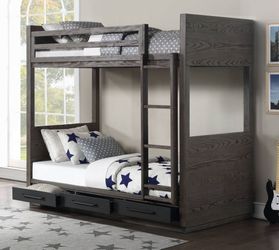 Brand New Grey Oak Twin Bunk Bed w Trundle Drawers