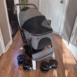 NEW 4 Wheel Grey Pet Dog Cat Reversible Handle Stroller w/Storage Basket  (Up to 44 lbs)