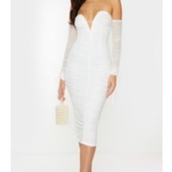 White Mesh V Bar Ruched Midi Dress