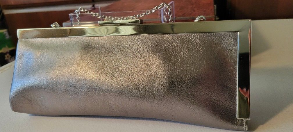 Calvin Klein Silver Clutch With Chain Shoulder Strap
