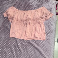 pink off the shoulder shirt