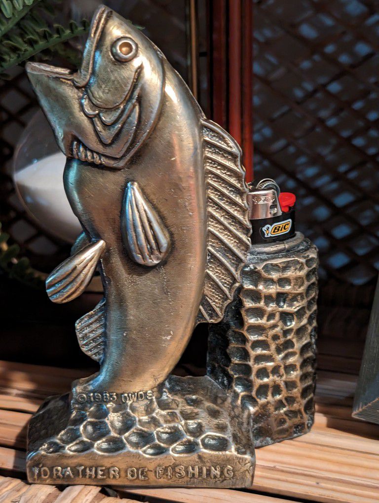 Brass Bass Fish Statue Figurine & Lighter Desk Caddy Man Cave Patina Vintage 